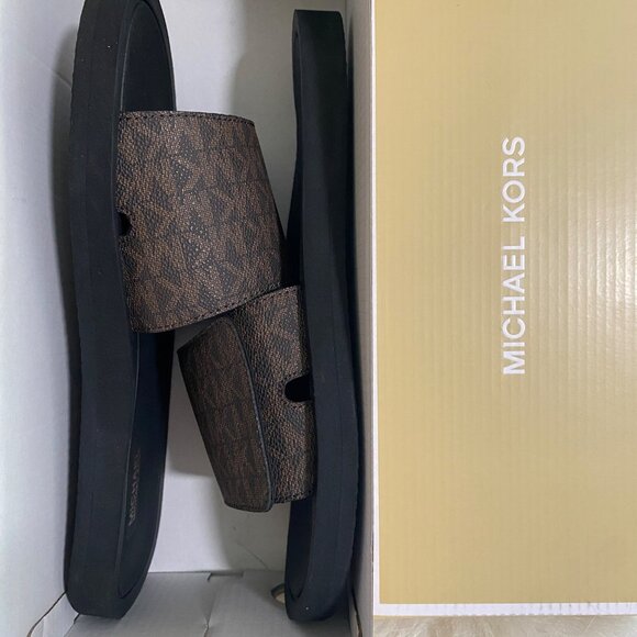 MICHAEL KORS Women's Size 8 Brown MK Signature Logo Print Wade Slide Sandals - Picture 1 of 9